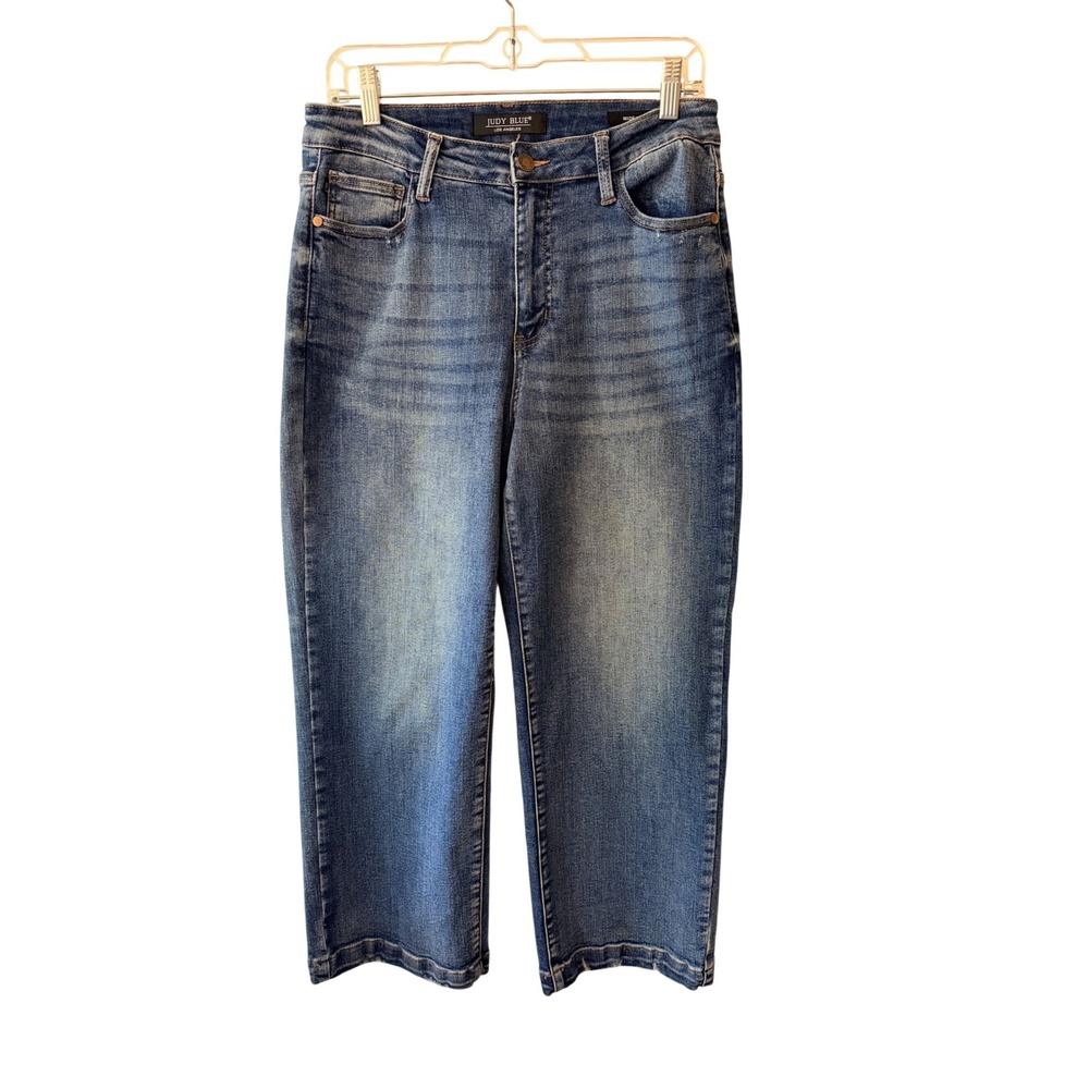 JUDY BLUE Blue Denim Hi Rise Boho Distressed Cropped Wide Leg Jeans Size 9/29